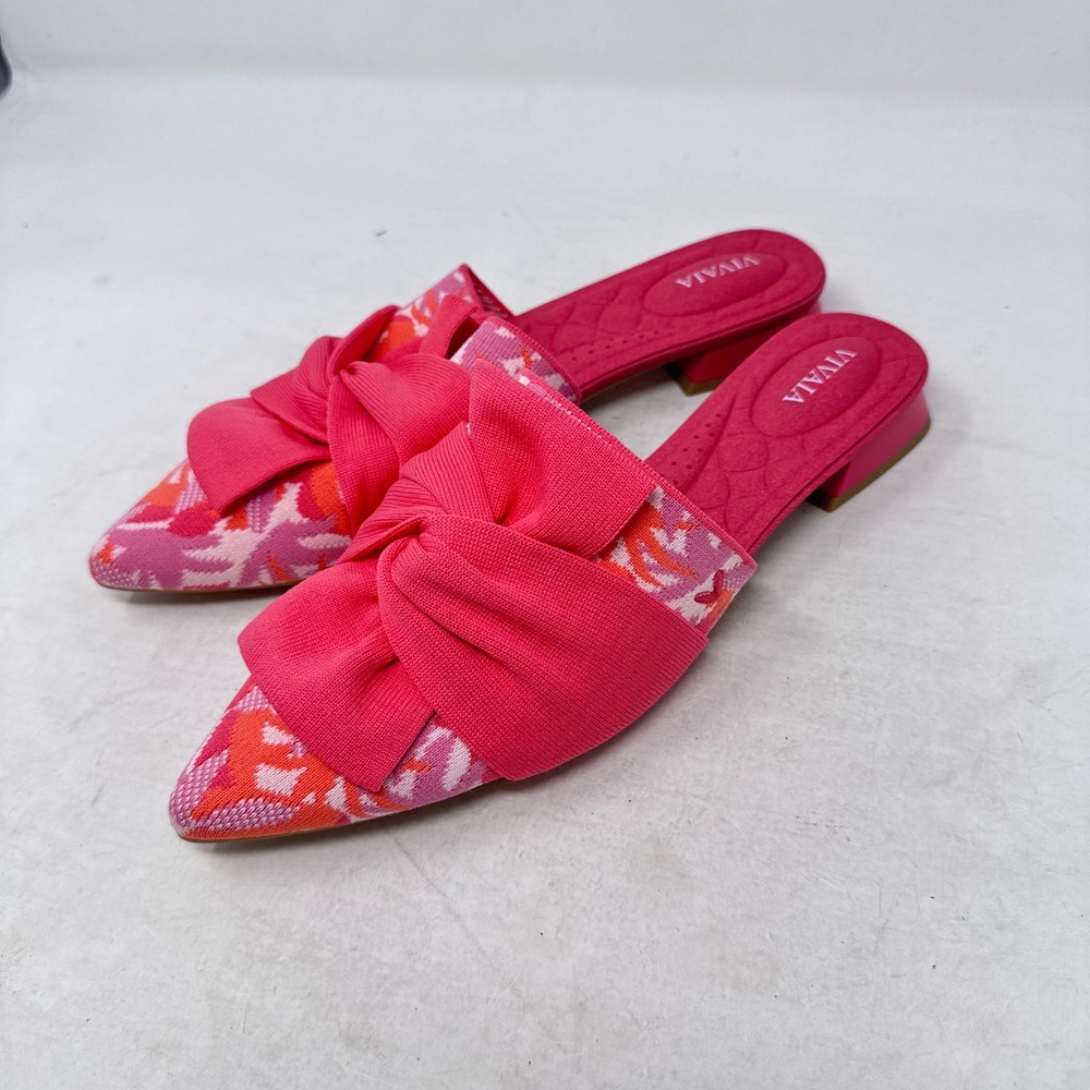 Vivaia Pointed Toe Mules Pink Size 39.5 Sustainable Knit Floral Bow Slip On